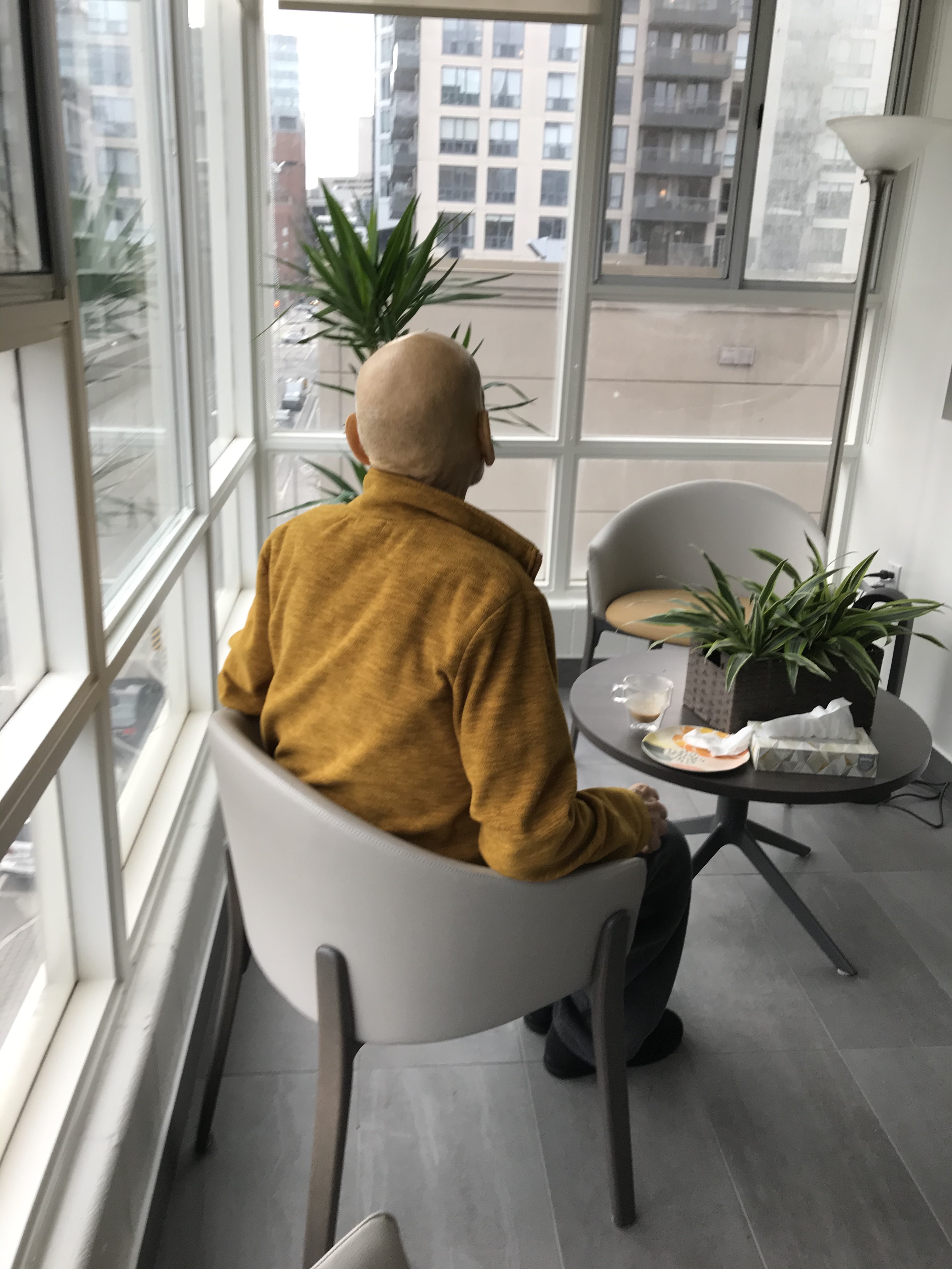 A patient at the hospice sits facing away from the camera and looking outside the windows at a city view.